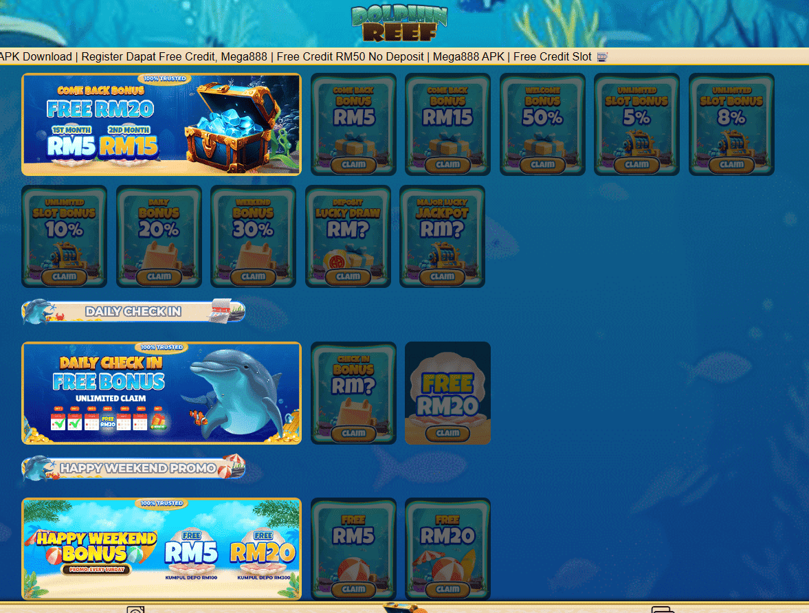 Image to show the Dolphinreef promotion page for Mega888 RM711 Bonus listing